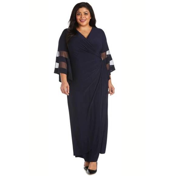 NEW R&M RICHARDS sheer trim bell sleeve evening dress in navy - Picture 1 of 3